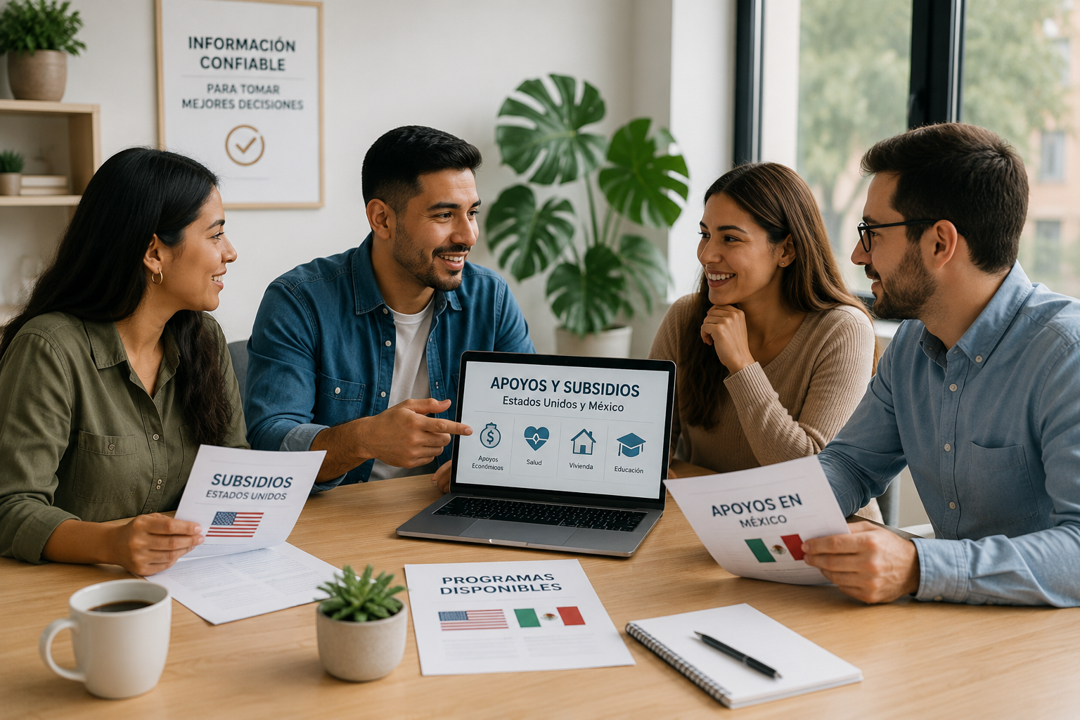 Personas revisando información sobre apoyos y subsidios